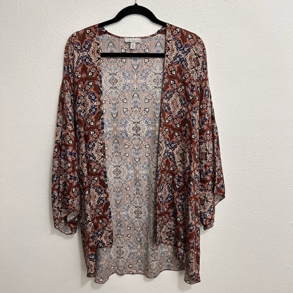 Allison Terracotta Leoni Kimono Wrap Short Sleeve Brown Ikat Floral Sz M/L‎ Boho